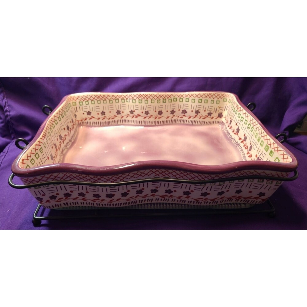 Temp-tations 3.5 Qt Square Casserole Dish By Tara Tapestry w/warming plate/rack